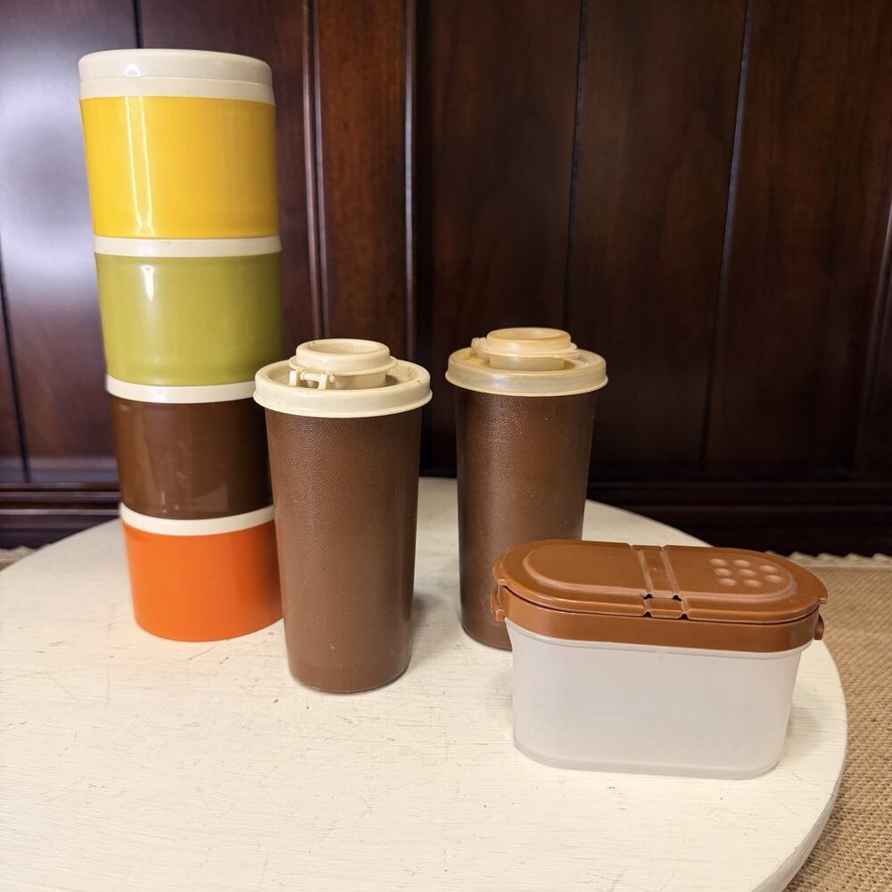 Vintage Tupperware Harvest Spice Canisters Salt Pepper Shakers Lot 7 Pc
